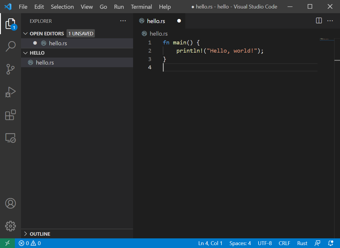 Visual Studio Code でhello.rs